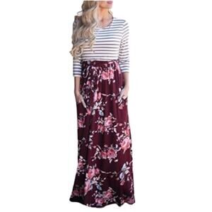 Lux & Co Bernice 2fer Knit Burgundy Tan Stripe Floral Pockets Maxi Dress XS NEW